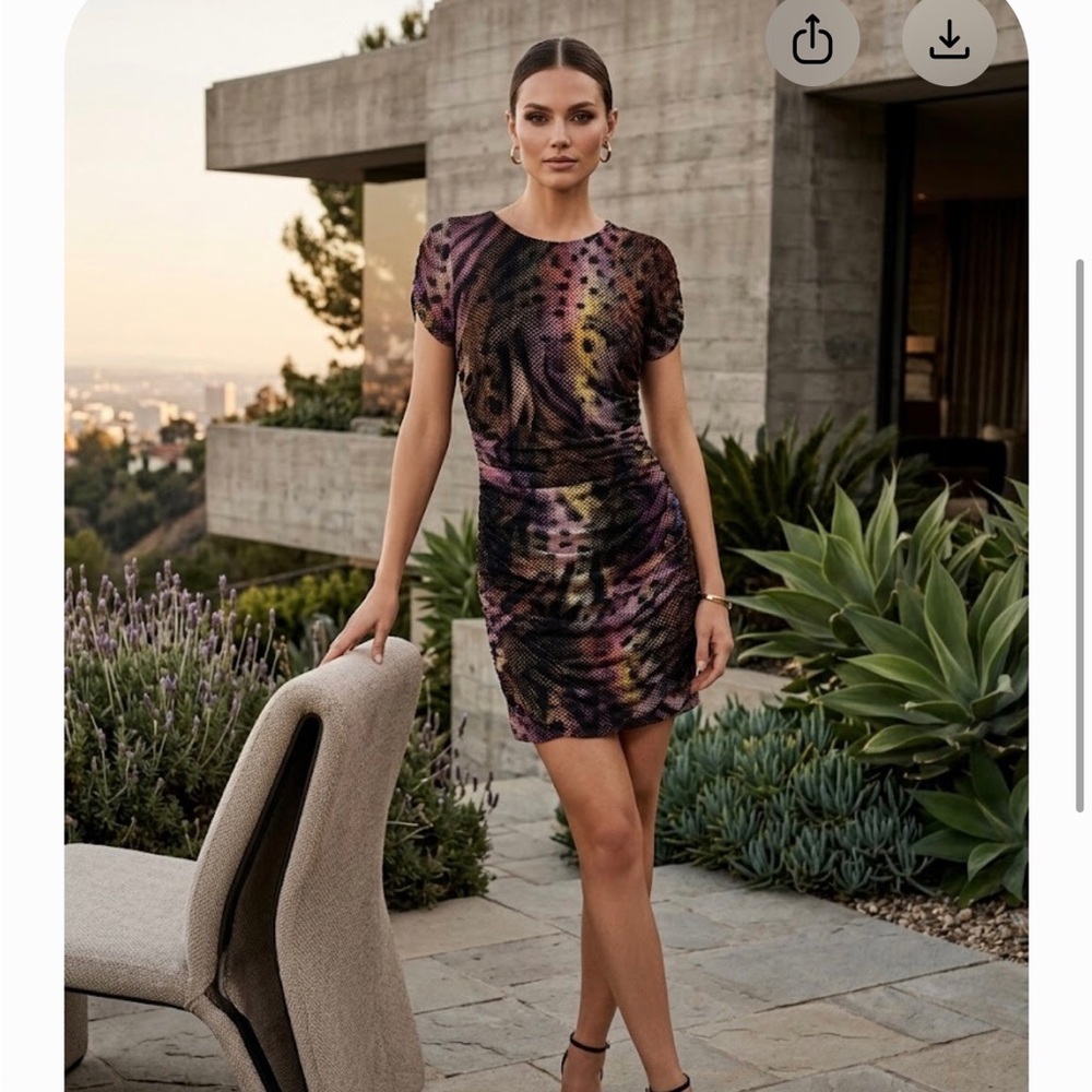 Alberto Makali Purple Multi-Print Short Sleeve Ruched Mini Dress price $160
